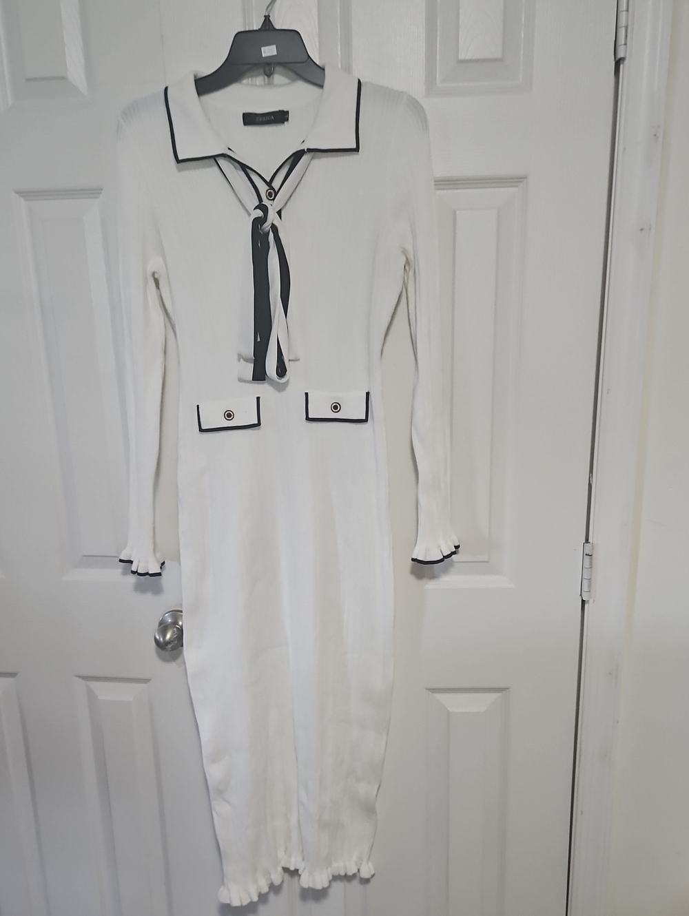 *Barely Worn* White Long-Sleeve Knit Midi Dress with Black Trim and Neck Tie